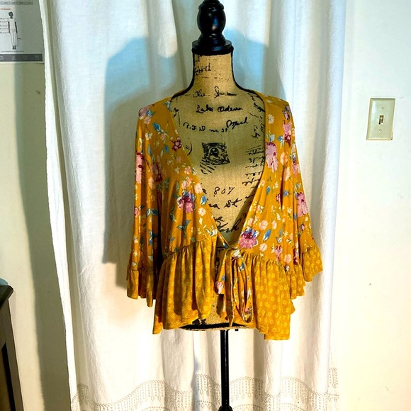XHILERATION XXL Floral Mustard Yellow Kimono Cardigan - Picture 1 of 5